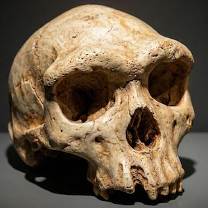 May include: An off-white human skull with pronounced brow ridges and large eye sockets. The skull has a weathered texture and is displayed on a grey surface against a dark background. The jawline and nasal cavity are clearly visible.