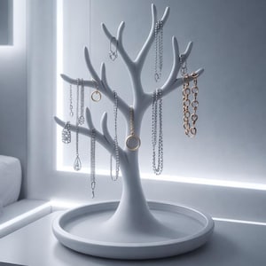 May include: A white tree-shaped jewellery organiser with various necklaces suspended from its branches. The organiser has a circular base and is positioned on a white surface. The necklaces are silver and gold.