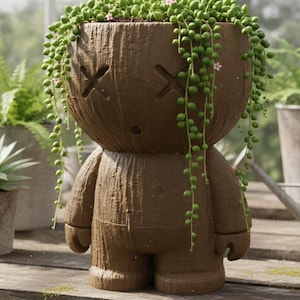 May include: A quirky brown planter in the shape of a figure with a round head and arms. The face features cross-shaped eyes and a small mouth. The planter is filled with trailing green string of pearls plants, creating a unique decorative piece.