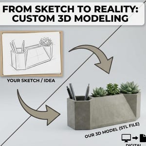 May include: Image showing the process of custom 3D modeling, from sketch to reality. The image features a sketch of a desk organizer with pens and a succulent, and the finished concrete product with succulents and pens. Text reads "OUR 3D MODEL (STL FILE)" and "DIGITAL DOWNLOAD ONLY."
