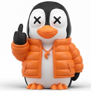 May include: A figurine of a penguin with black and white coloring, wearing an orange puffer jacket and a necklace with a crescent moon pendant. The penguin has crossed-out eyes and is giving the middle finger.