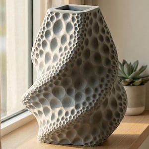 Könnte beinhalten: Eine graue, strukturierte Vase mit einem einzigartigen, organischen Design. Die Vase hat eine quadratische Oberseite und eine wirbelnde, asymmetrische Form, die mit einem Muster aus unterschiedlich großen kreisförmigen Vertiefungen bedeckt ist. Die Vase steht auf einer Holzoberfläche in der Nähe eines Fensters.