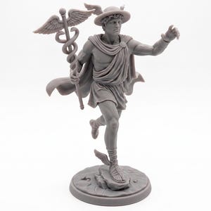 May include: A grey statue of Mercury, the Roman god of trade and messengers. The statue shows Mercury in motion, holding a staff with intertwined snakes and wearing a winged hat and sandals. The statue is on a round base.