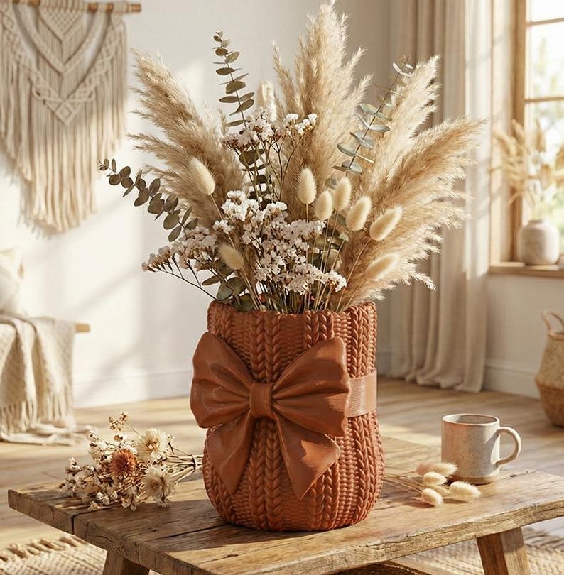Knitted Vase STL, Sweater Planter, Cozy Home Decor, 3D Printable Vase, Cute Bow Pot, Crochet Pattern Vase, Crochet Pattern Pot, Pen Holder STL, Desk Organizer, Unique Gift Idea, Digital Download, 3D Printer File, unique flower vase