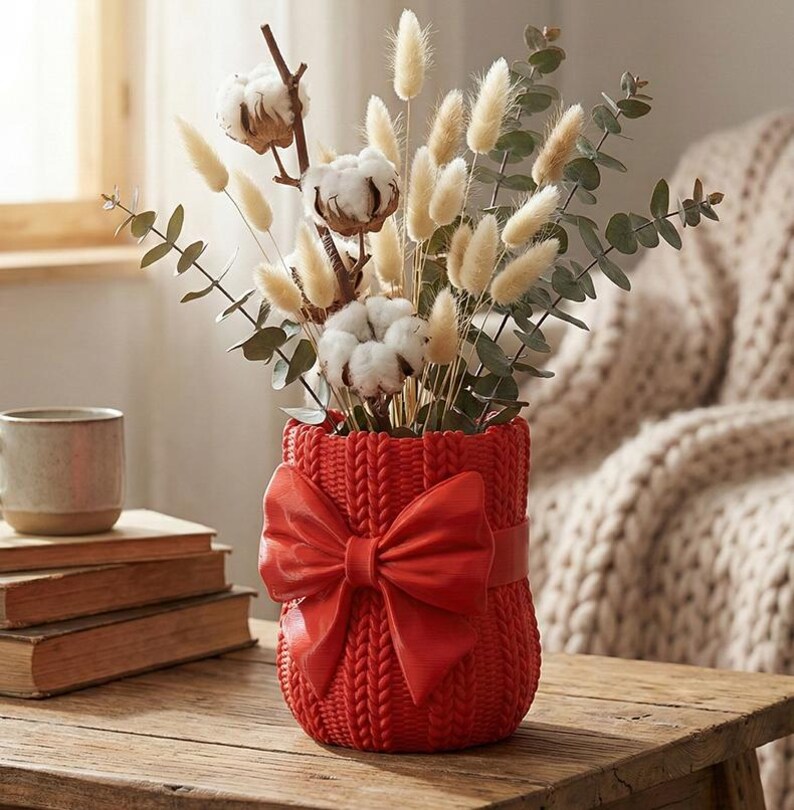 Knitted Vase STL, Sweater Planter, Cozy Home Decor, 3D Printable Vase, Cute Bow Pot, Crochet Pattern Vase, Crochet Pattern Pot, Pen Holder STL, Desk Organizer, Unique Gift Idea, Digital Download, 3D Printer File, unique flower vase