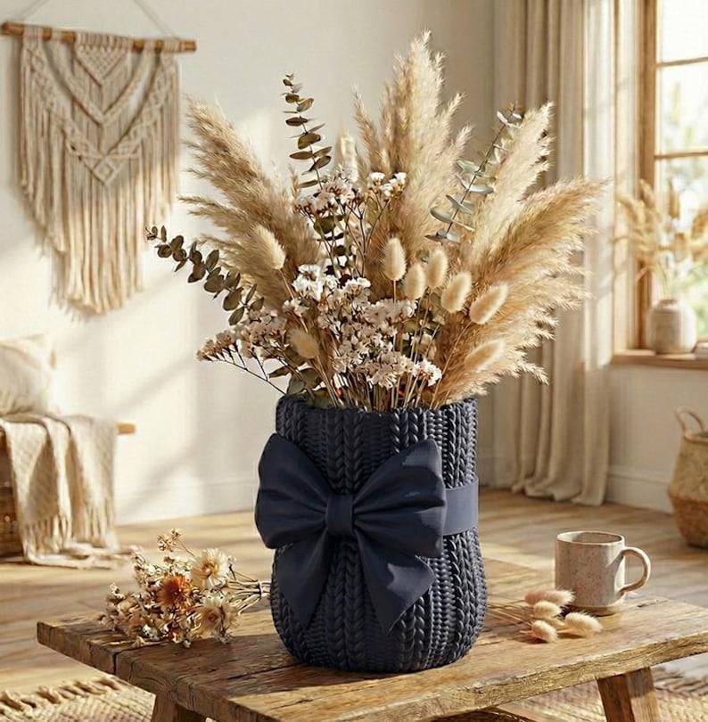 Knitted Vase STL, Sweater Planter, Cozy Home Decor, 3D Printable Vase, Cute Bow Pot, Crochet Pattern Vase, Crochet Pattern Pot, Pen Holder STL, Desk Organizer, Unique Gift Idea, Digital Download, 3D Printer File, unique flower vase