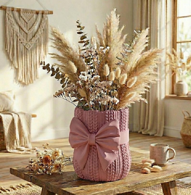 Knitted Vase STL, Sweater Planter, Cozy Home Decor, 3D Printable Vase, Cute Bow Pot, Crochet Pattern Vase, Crochet Pattern Pot, Pen Holder STL, Desk Organizer, Unique Gift Idea, Digital Download, 3D Printer File, unique flower vase