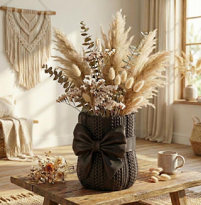 Knitted Vase STL, Sweater Planter, Cozy Home Decor, 3D Printable Vase, Cute Bow Pot, Crochet Pattern Vase, Crochet Pattern Pot, Pen Holder STL, Desk Organizer, Unique Gift Idea, Digital Download, 3D Printer File, unique flower vase