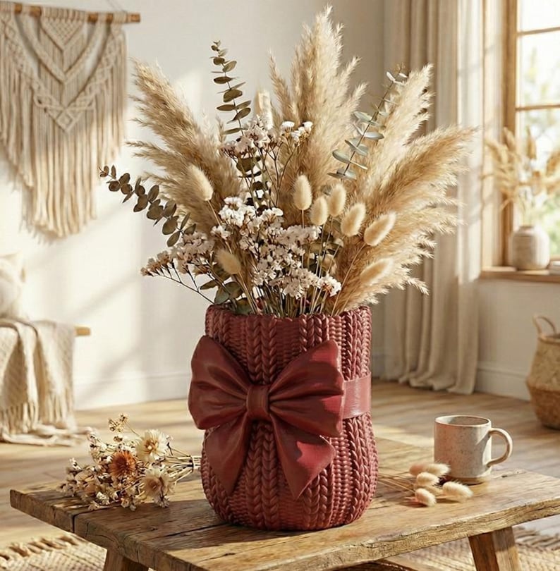 Knitted Vase STL, Sweater Planter, Cozy Home Decor, 3D Printable Vase, Cute Bow Pot, Crochet Pattern Vase, Crochet Pattern Pot, Pen Holder STL, Desk Organizer, Unique Gift Idea, Digital Download, 3D Printer File, unique flower vase