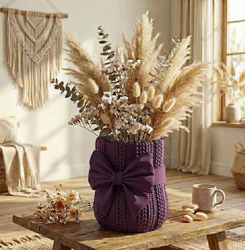 Knitted Vase STL, Sweater Planter, Cozy Home Decor, 3D Printable Vase, Cute Bow Pot, Crochet Pattern Vase, Crochet Pattern Pot, Pen Holder STL, Desk Organizer, Unique Gift Idea, Digital Download, 3D Printer File, unique flower vase