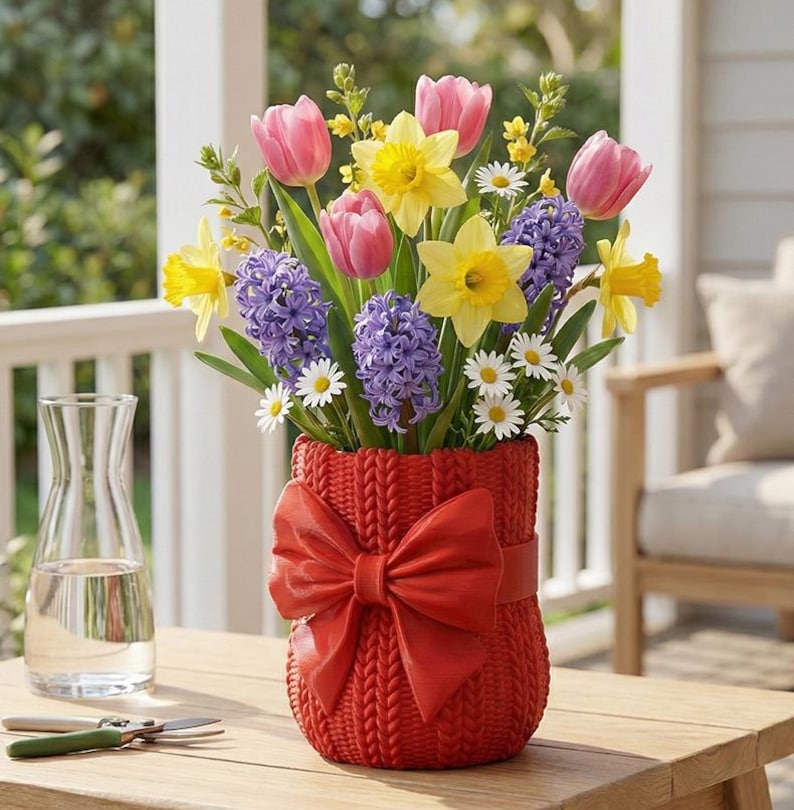 Knitted Vase STL, Sweater Planter, Cozy Home Decor, 3D Printable Vase, Cute Bow Pot, Crochet Pattern Vase, Crochet Pattern Pot, Pen Holder STL, Desk Organizer, Unique Gift Idea, Digital Download, 3D Printer File, unique flower vase