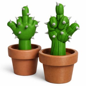 May include: Two green cactus sculptures shaped like hands giving the middle finger, each with white spikes. They are planted in small, round, terracotta-colored pots. The background is white.
