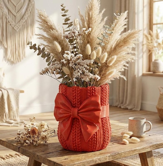 3D Printable Knitted Sweater VASE STL, 3D Print Planter with Cute Bow, Pen Holder, Desk Organizer, Cozy Home Decor