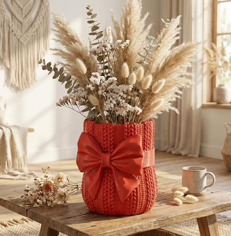 Knitted Vase STL, Sweater Planter, Cozy Home Decor, 3D Printable Vase, Cute Bow Pot, Crochet Pattern Vase, Crochet Pattern Pot, Pen Holder STL, Desk Organizer, Unique Gift Idea, Digital Download, 3D Printer File, unique flower vase