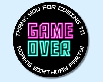 Personalised Gaming Birthday Stickers | Gamer Party Neon | Kids Name & Age | Party Bag Stickers | Sweet Cone Stickers | 45mm Glossy
