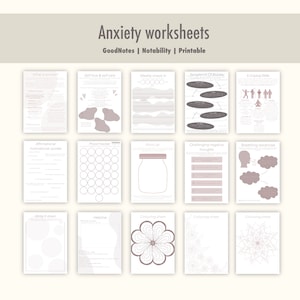 May include: A set of printable anxiety worksheets for use with GoodNotes and Notability apps. The worksheets include activities such as self-care, weekly check-in, symptoms of anxiety, coping skills, affirmations, mood tracker, worry jar, challenging negative thoughts, breathing exercises, write it down, helpline, and coloring sheets.