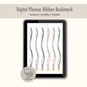 Puede incluir: Marcadores de cinta digitales para planificador mostrados en una pantalla de tableta. Las cintas son en tonos grises, rosas, morados y beige, con detalles dorados y dijes en forma de corazón. El texto dice "Digital Planner Ribbon Bookmark" y "Print & Digital."
