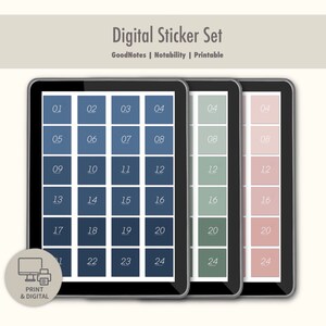 May include: Three digital sticker sets for GoodNotes and Notability apps. The sets are in blue, green, and pink with numbers 1 through 24.