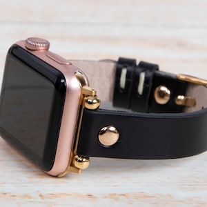 Slim Leather Apple Watch Band 40mm 41mm 42mm 44mm 45mm 46mm 49mm, Birthday Beaded Black Leather iWatch Strap for Women