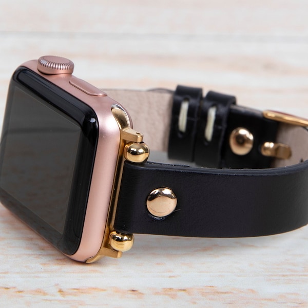 Slim Leather Apple Watch Band 38mm 40mm 41mm 42mm 44mm 45mm 49mm, Birthday Beaded Black Leather iWatch Strap for Women, Mothers Day Gift