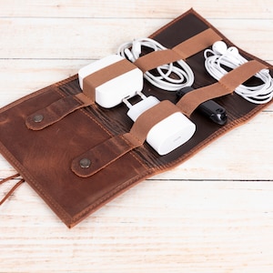 Personalized Leather Tech Organizer: Travel Cable Storage Roll