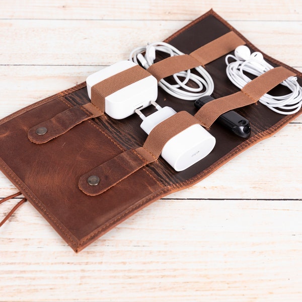 Leather Personalized Technology Organizer Bag, Cable Organizer, Travel Electronics Accessories Bag, Laptop Charger Cable Storage Roll