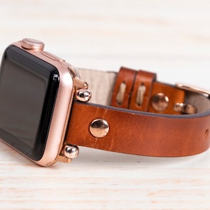 Brown Leather Apple Watch Band women 40mm 41mm 42mm 44mm 45mm 46mm 49mm series 10 9 8 7 6 5 4 SE, thin beaded iwatch strap woman
