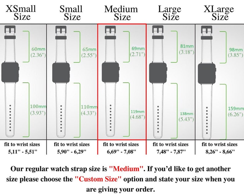 May include: Diagram illustrating watch strap sizes: XSmall, Small, Medium, Large, and XLarge. Measurements are in millimetres and inches. The Medium size is highlighted. Text indicates wrist sizes for each strap and custom size instructions.