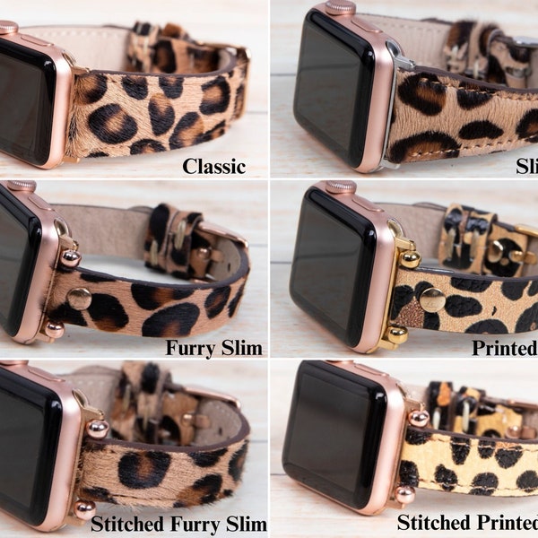 Leopard Leather Apple Watch Band Women, Personalized Furry Leo iWatch Strap 38mm 40mm 41mm 42mm 44mm 45mm 49mm, Printed Leo Slim Watch Band