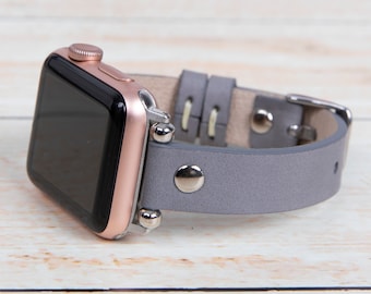 Gray Leather Apple Watch Band women, Beaded iWatch Strap