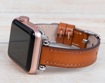 Slim Brown Leather Apple Watch Band: Handmade iWatch Strap series 11-1 SE 3-2-1