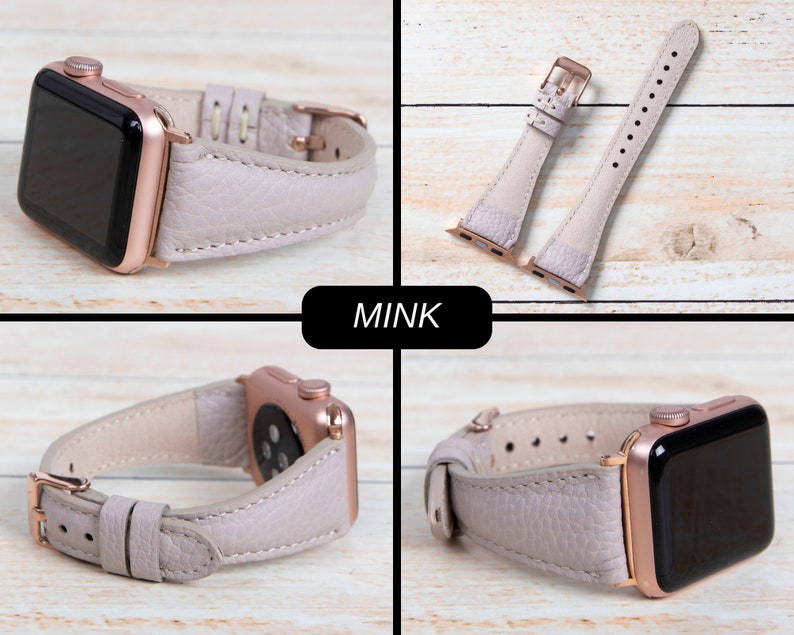 May include: A pale grey leather watch strap with a rose gold buckle and watch case. The watch strap is shown in various views, including a close-up of the buckle and the strap detached. The word "MINK" is displayed in a black rectangle.