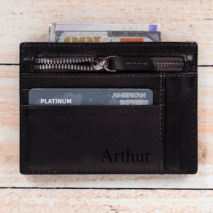 Portafoglio da uomo in vera pelle con tasca con cerniera - Porta carte sottile classico personalizzato - Idea regalo di compleanno per lui
