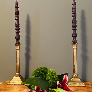 Set of two 10” tall antique brass candle holders