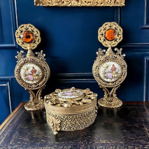 Rare Antique Brass & Porcelain Dresser Set