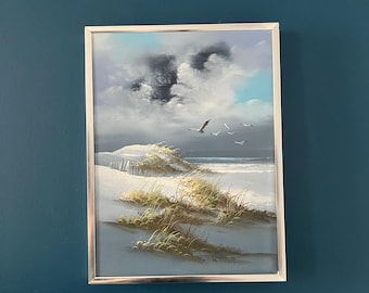 Vintage Coastal Seascape Painting Framed Ocean Landscape Artwork Beach Dunes Birds Wall Decor