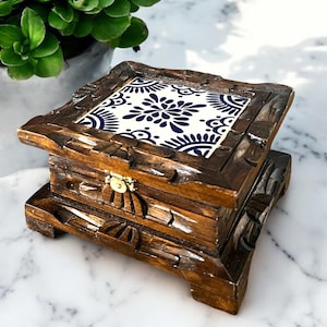 Hand Carved Vintage Wooden Box with Tile