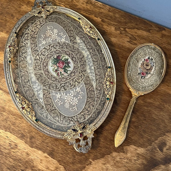 1920’s Austrian Jeweled Filigree Brass Vanity Set