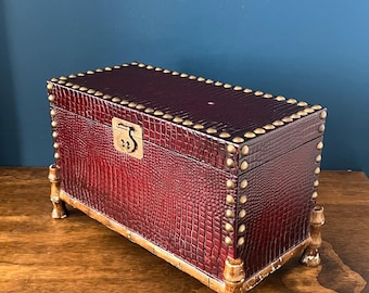 Vintage Faux Crocodile Leather Trunk Box with Brass Studs & Bamboo-Style Feet 1970’s