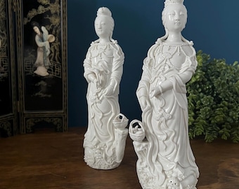 Antique Blanc de Chine Guanyin Pair • Chinese White Porcelain Statues