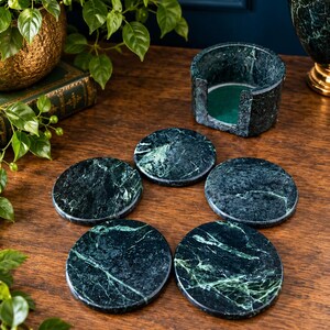 Green Marble Coaster Set Vintage Barware Home Decor Stone Drink Coasters