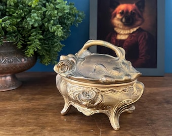 Antique Art Nouveau Brass Jewelry Casket with Rose Motif – French Style Trinket Box