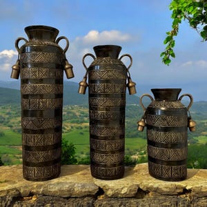Set of 3 Etched Painted Brass Vase