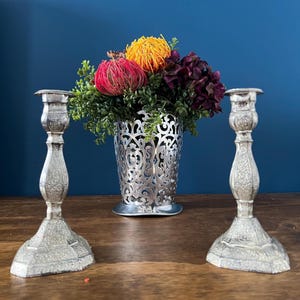 Pair of Heavy Ornate Metal Candle Holder