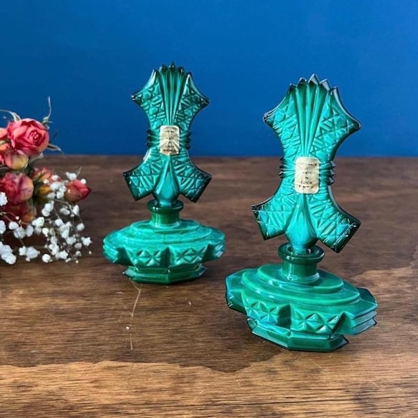 Vintage Czech Malachite Glass Perfume Bottles Pair, Art Deco Emerald Green Vanity Bottles