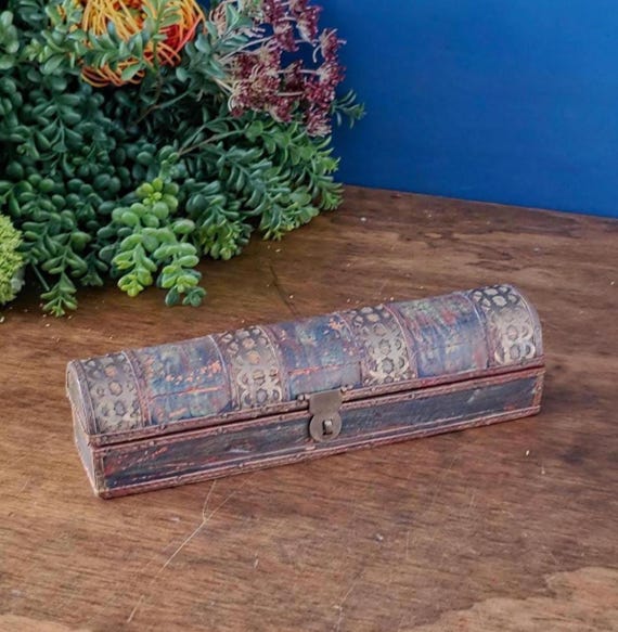 Antique Painted Wood Box – Brass Inlay Dome Lid, Boho Decor