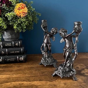 Pair of VTG Bronze Cherub Candlestick Holders