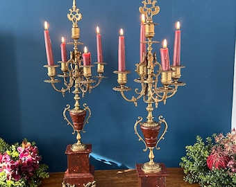 Pair Antique French Napoleon Bronze & Rouge Marble Empire Candelabra, c.1860–1880