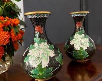 Vintage Chinese Cloisonné Vase Set, Enameled Brass Vase Set