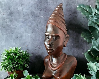 Vintage Hand Carved African Woman Bust Sculpture